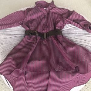 Joan Rivers high/low hem button down blouse. Purple and dark navy stripe- Fun!